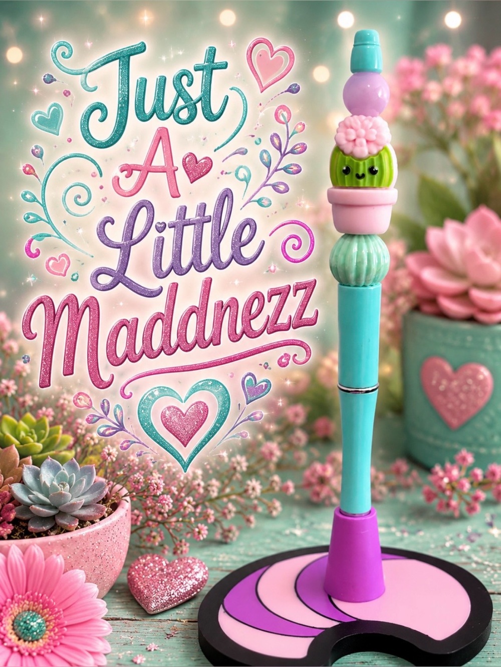 Cute Cactus Beaded  Pen - Aqua and Pastel Colors